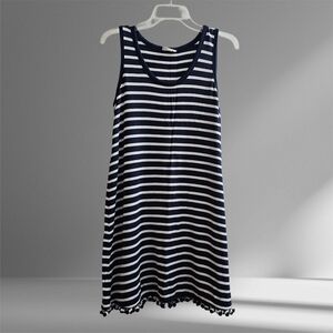 4/$20 LOFT Navy and White Striped Sleeveless Dress With Pom Pom Trim